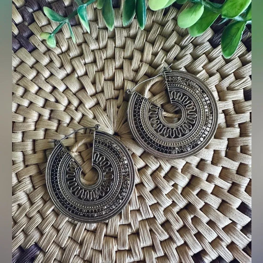Boho Gold Filigree Hoop Earrings Large Statement Tribal Festival Chic